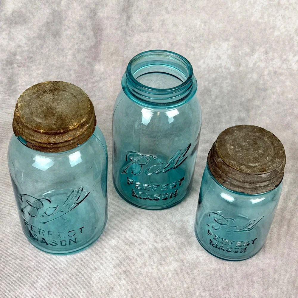 Vintage Ball Perfect Mason Jars Aqua Blue Glass Set of 3 Zinc Lids Antique Decor